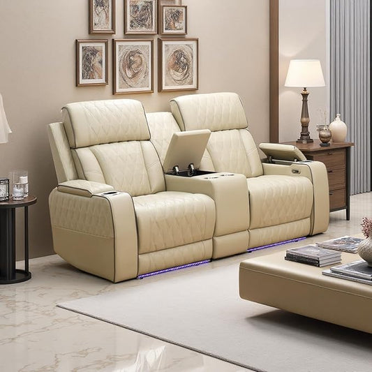 A Ainehome Power Leather Recliner Sofa Set with LED Lights, Recliner Sofa Sectional Couches for Living Room, Reclining Sofa, loveseat, Chair with USB Port/Storage Console/Cup Holder(Khaki,loveseat)