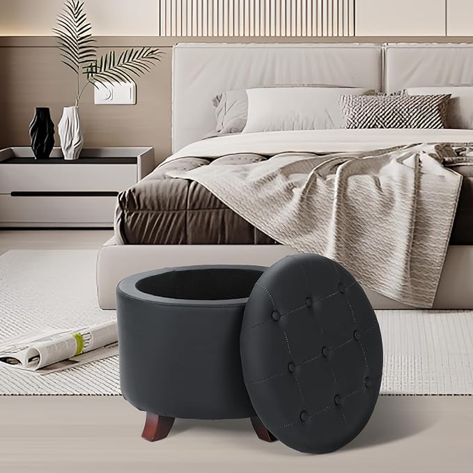 Athena Collection 20 Inch Small Ottoman with Storage, Round PU Leather Storage Ottoman with Removable Lid, Stylish Footstool Foot Rest for Living Room, Bedroom, Dorm, Black