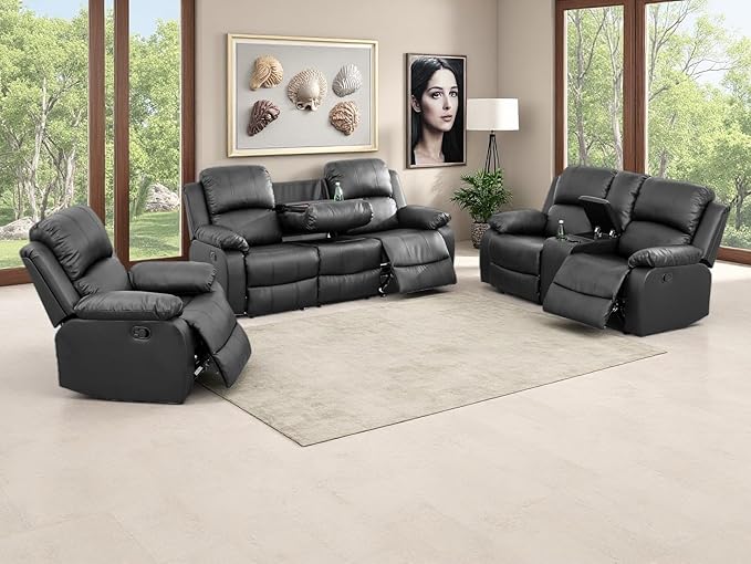 Vegan Leather Black Recliner Sofa Set 3PCS Reclining Couch Set Living Room Furniture Set Manual Reclining Sofas with Cup Holder/Storage Console/Flip Down Table for Home/Office (Black,3PCS Set)
