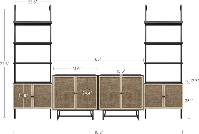 Nathan James Kova Boho Rattan and Wood TV Wall Shelving Unit Accent Storage Cabinet in Black Wood and Rattan with Metal Frame and Cane Doors, Black Oak/Cane