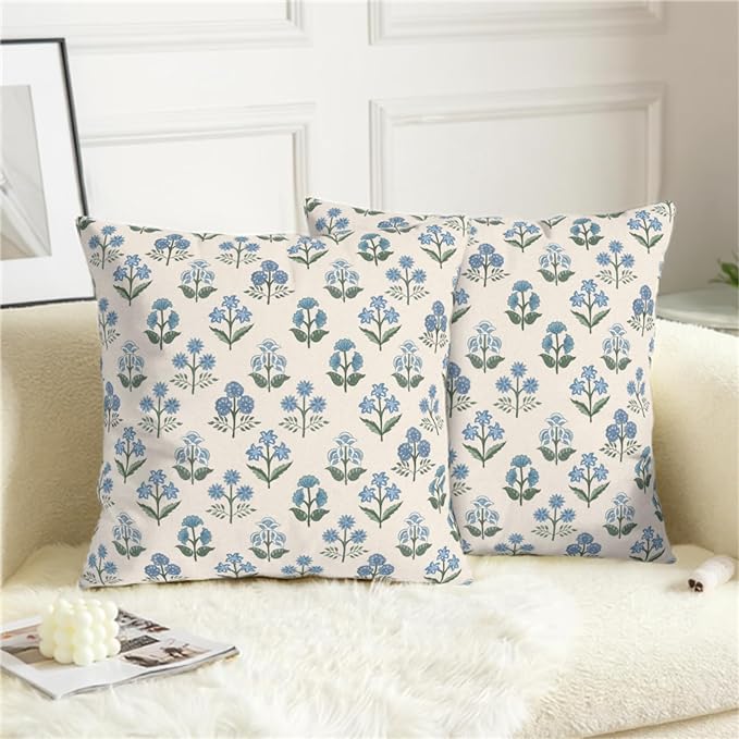 Floral Pillow Covers 24x24 Set of 2 Blue Green Block Print Throw Pillow Cases Vintage Flower Pattern Pillowcases Spring Summer Rustic Outdoor Cushion Covers for Farmhouse Sofa Couch Decor
