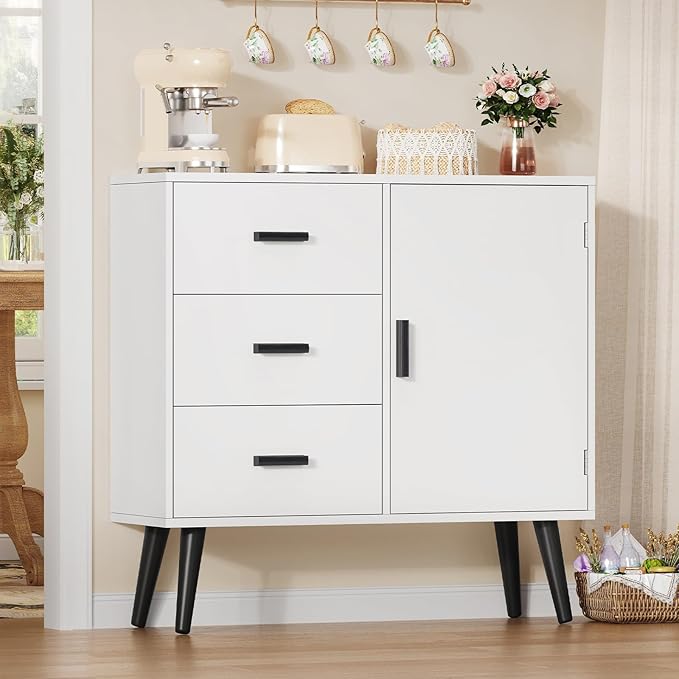 TEENFON White Storage Cabinet with Adjustable Shelf & 3 Drawers, Small Bathroom Cabinet with Door, Freestanding Floor Storage Unit for Living Room, Home Office, White