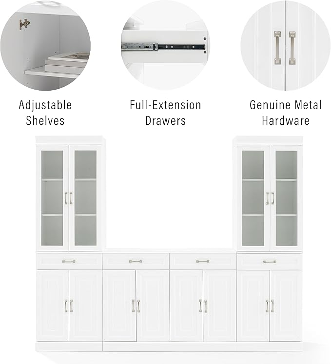 Crosley Furniture Stanton 3-Piece Sideboard Buffet Cabinet and Glass Door Kitchen Storage Pantry Set, White