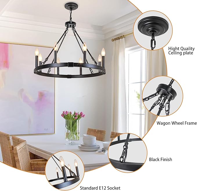 8 Light Wagon Wheel Chandelier, 23.6" Rustic Farmhouse Chandelier, Industrial Vintage Round Pendant Lighting for Dining Room Kitchen Living Room Foyer, E12 Socket