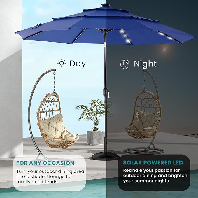 DUMOS 10FT 3 Tier Patio Umbrella with 32 LED Lights, 8 Ribs Outdoor Table Umbrella with Crank, Waterproof Market Umbrella for Pool, Beach, Terrace and Outdoor Restaurant, Navy Blue
