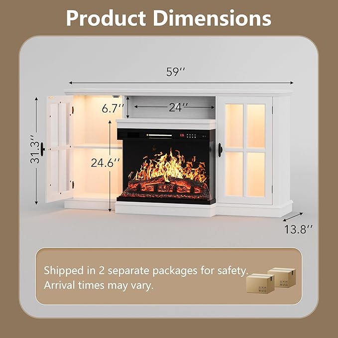 YESHOMY Glass Fireplace TV Stand for Televisions up to 65", Media Entertainment Center Console Table with Led Lights, White Wash