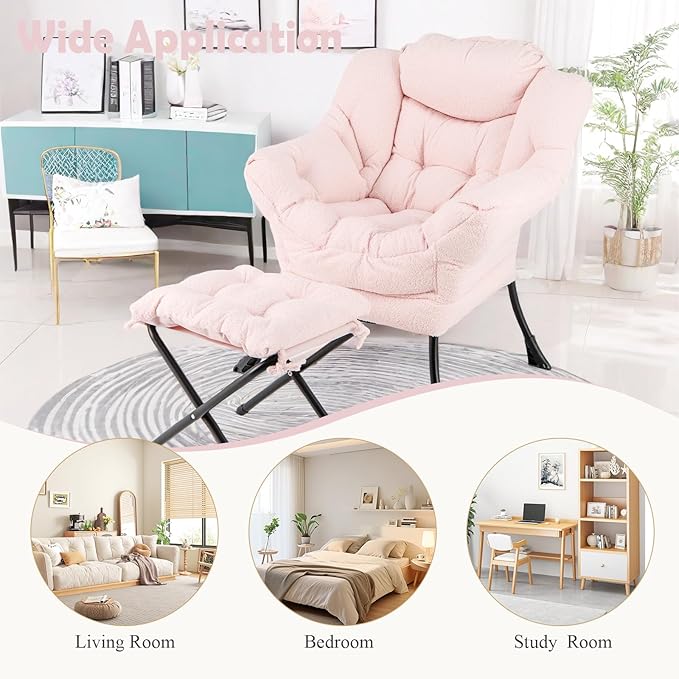 GORELAX Lazy Chair with Ottoman, Modern Accent Chair w/Armrests & Side Pocket, Upholstered Lounge Sofa Chair & Folding Footstool Set, Reading Chair for Bedroom, Living Room, Dorm Room (Plush Pink)