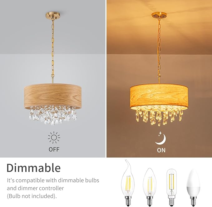 4-Light Drum Wood K9 Crystal Chandeliers, Nature Boho Style Pendant Light Fixture for Dining Room, Living Room, D18 x 21~68"(Adjustable), Solid Wood Lampshade & Gold Finish