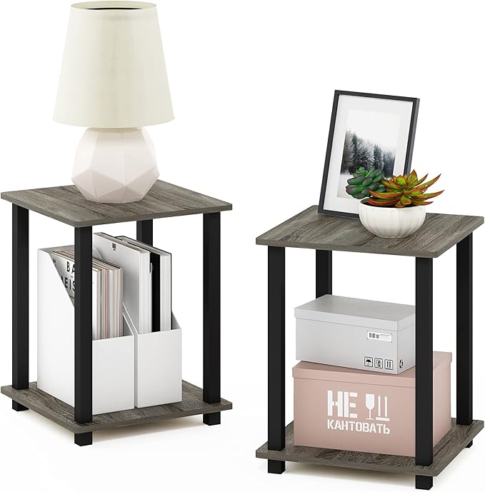 Furinno SIMPLISTIC Side Table Set of 2, 2-Tier Square Modern End Table, Nightstand, Night Stand, Bedside Table, Toolless Assembly, for Living Room, Bedroom, French Oak