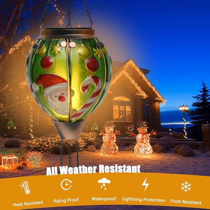 Solar Powered Hot Air Balloon Lantern - Santa Glass Lantern, Simulated Flickering & Dancing Flame, Outdoor Hanging Yard Light Waterproof IP65 for Patio Lawn Porch Christmas Decor Gift