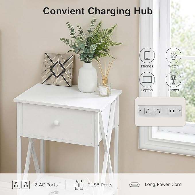 VECELO Nightstand Set of 2,End Tables with Charging Station,Bed Side Table with Open Shelf &USB Ports & Outlets,Small Dresser for Bedroom, Living Room,White