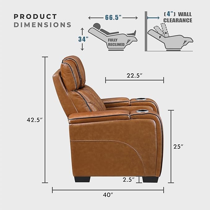 Lexicon Power Double Reclining Sofa, Center Drop-Down Table with Heat/Massage/Headrest/Storage Arms/Cup Holders/LED Lights/Wireless Charging, Top Grain Leather Match Wall Hugger Recliner Sofa, Brown