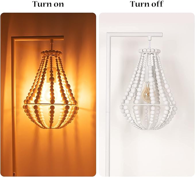 Boho Table Lamp for Bedroom, Wood Beaded Bedside Lamp, 1-Light, Farmhouse Desk Lamp, White Standing Lamp, Plug in Night Light for Night Table, Living Room