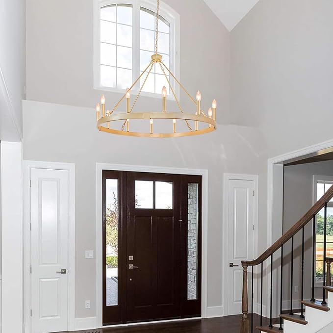 Gold Wagon Wheel Chandelier 37.4 inch, 12-Light Large Round Industrial Gold Farmhouse Chandeliers for High Ceilings Dining Room Living Room Foyer Entryway Outdoor Porch