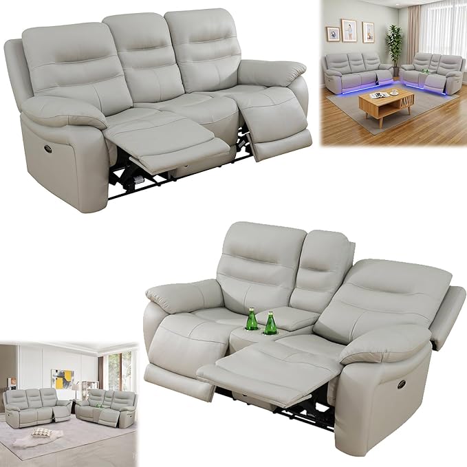 Power Reclining Sofa Set, Genuine Leather Recliner Sofa Set,Living Room Furniture Setwith USB Charging and LED Lights,for Living Room/Apartment/Office/Home Theather,Light Grey,L+S