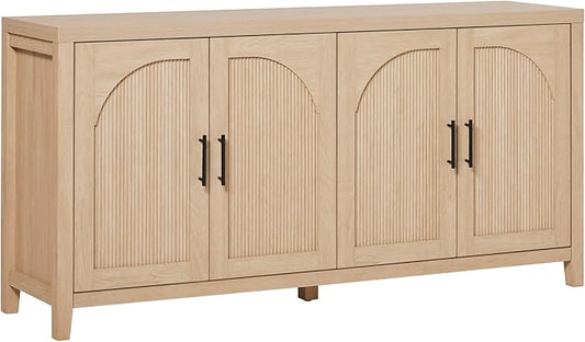 Walker Edison Sasha 4-Door Reeded Sideboard Buffet with Cord Management, 60 Inch, Coastal Oak