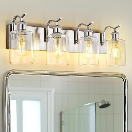 4-Light Bathroom Vanity Light, Brushed Nickel Wall Sconce, Modern Bathroom Light with Clear Glass, VL01BN-4