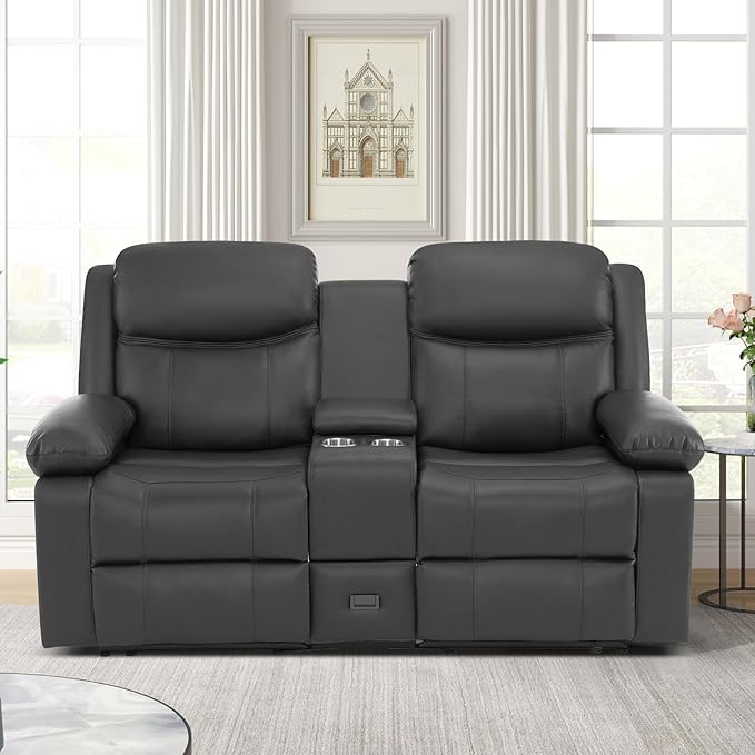 Reclining Loveseat Recliner Sofa with Massage & Heating, Reclining Loveseat with Console, RV Wall Hugger Double Loveseat Recliner Couch for Living Room & Home Theater (Grey)