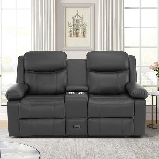 Reclining Loveseat Recliner Sofa with Massage & Heating, Reclining Loveseat with Console, RV Wall Hugger Double Loveseat Recliner Couch for Living Room & Home Theater (Grey)