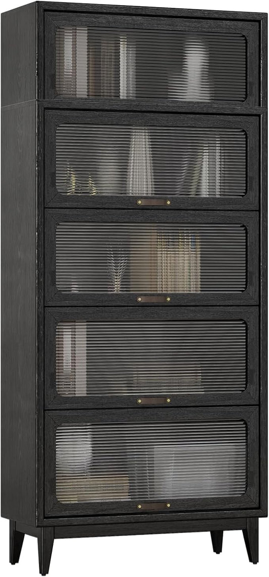 72'Hsolid Wood Bookcase,5 tir Tall Black Book case with Doors,Modern Bookshelf with Door for Kitchen,Freestanding Display Storage Shelves for Collectibles, Living Room Bedroom Home Office