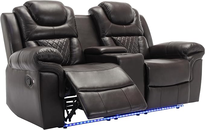 ERYE 73-Inch Oversized Manual Reclining Sofa with LED Strip and Cupholders for Living Room Home Theater, Multifunctional Faux Leather Loveseat Manual Recliner Couches | Storage Console, Cup Holder, LED Light Strips