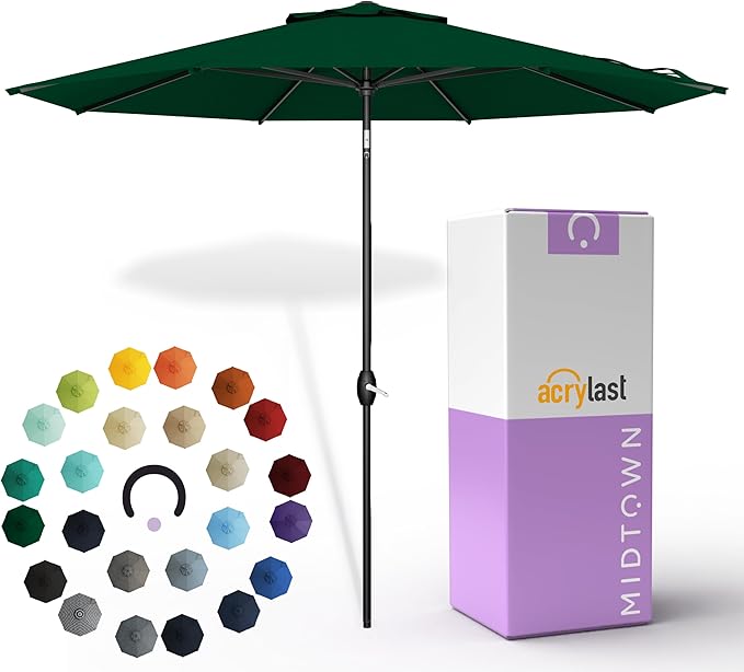 Midtown Umbrellas – The Lean 8 Ft Patio Umbrella with 10-Year-No-Fade Acrylast Acrylic Fabric, Auto-Tilt and 8 Reinforced Ribs for Deck, Pool, Garden, Hotel & Cafes – Forest Reserve Canopy, Black Pole