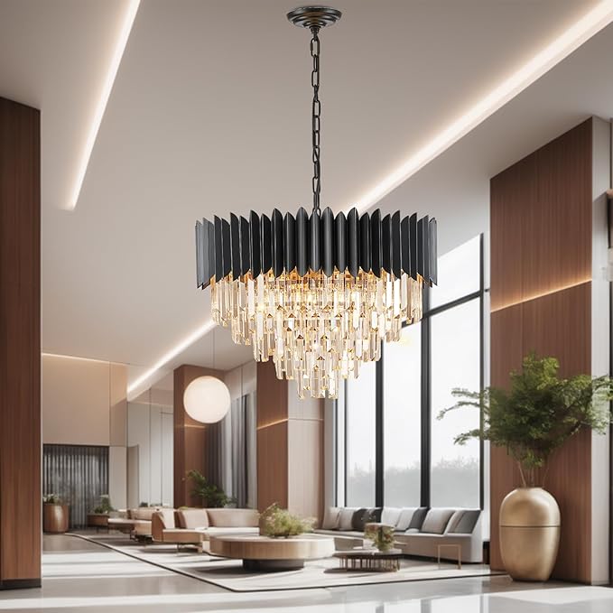 Black Crystal Chandelier 24'' K9 Crystal Round Pendant Lights Adjustable 5-Tier Large Modern Crystal Chandelier Light 10-Lights for Dining Room Living Room Kitchen Foyer Entryway