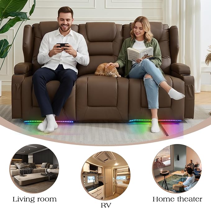 Oprisen 3-Seater Power Recliner Sofa Couch Flip Middle Backrest Reclining Sofa Chair for Living Room with Charging Station/Cup Holders/LED Ambient Light