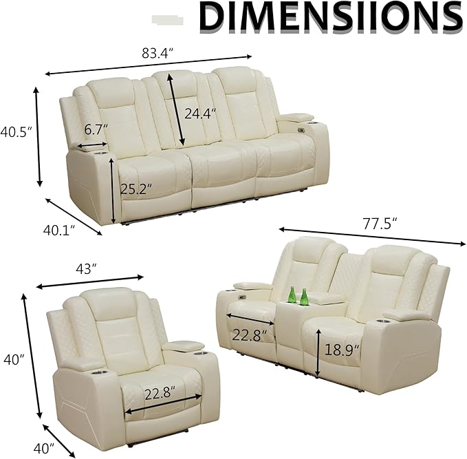 Power Recliner for Living Room, Air Leather Reclining Chair with LED/Storage, 1-Seater Reclining Furniture, Creamy White Leather Couch for House/Apartment/Office