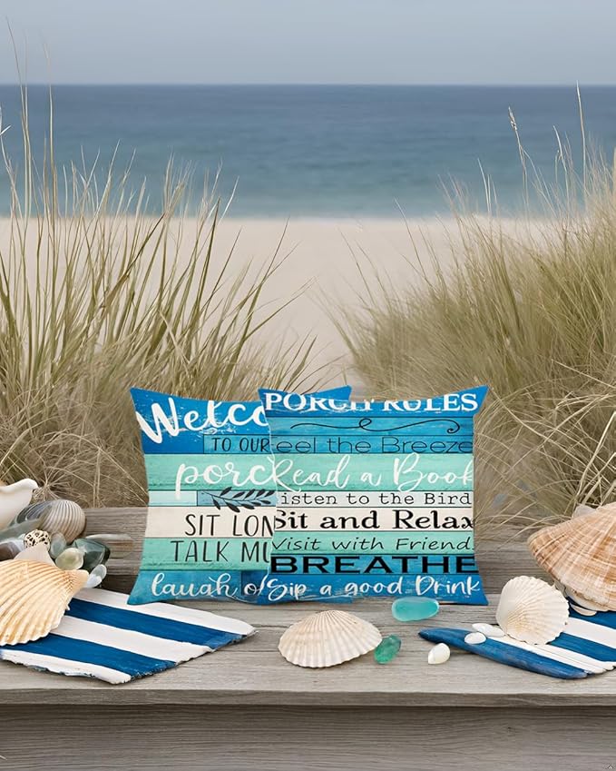 Jartinle Waterproof Outdoor Pillow Covers 18x18 - Turquoise Blue Beige Woodgrain Coastal Farmhouse Welcome to Porch Decorative Cushion Covers for Patio Furniture, Set of 2
