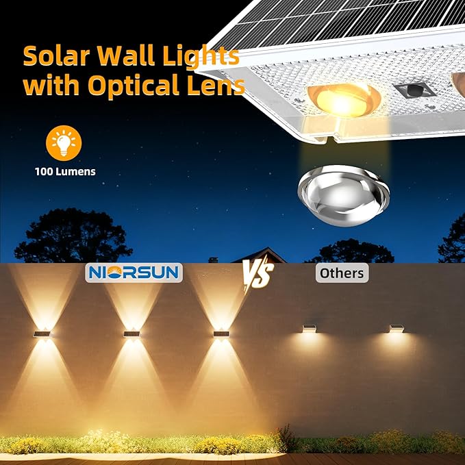 NIORSUN Solar Fence Lights Outdoor, 12 Pack Up and Down Waterproof Solar Wall Lights, Fence Lights with Lens, Warm & Cool White + RGB, Dusk to Dawn Lighting for Patio, Backyard, Pool, Railing (White)