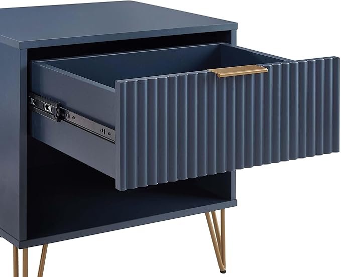 Manhattan Comfort Dumbo Modern Nightstand 1.0 with 1 Drawer and Metal Feet | Splayed Gold Legs | Vertical Ribbed Design | No Tool Assembly Storage for Bedroom & Living Room, Set of 2, Midnight Blue
