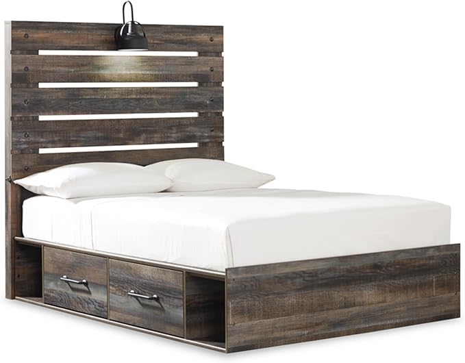 Signature Design by Ashley Drystan Rustic Full Panel Platform Bed with 2 Storage Drawers, Open Cubbies, Sconce LED Light and USB Ports, Foundation or Box Spring Not Needed, Dark Brown & Gray