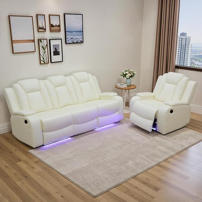 Power Recliner Sofa Set for Living Room Furniture Set, Leather Reclining Sofa and Chair with Drop-Down Table, Hidden Storage for Home Theater Seating (Sofa and Chair, White)