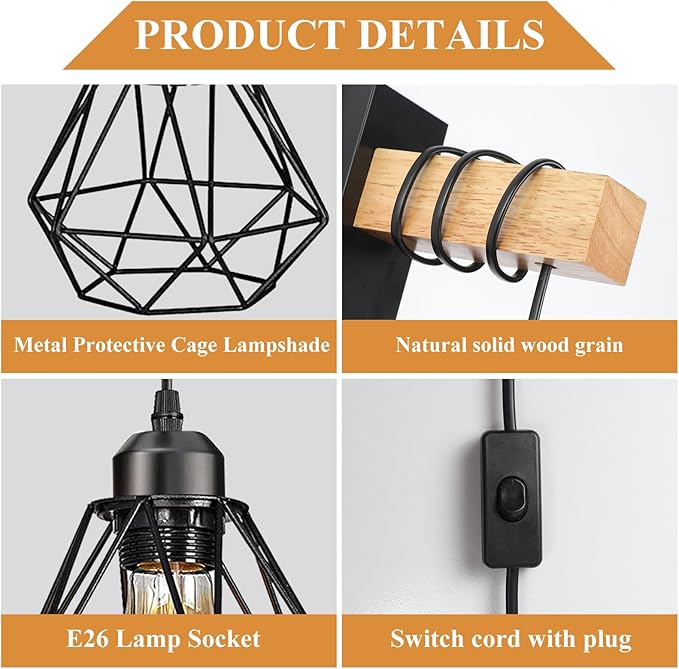 Plug in Wall Sconces Set of Two,Farmhouse Wall Mounted Lights with Plug in Cord,Black Rustic Wall Lamp for Bedroom Bedside Living Room,with Wood Arm and 70.8inch On/Off Switch Cord,2 Pack