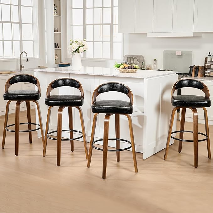 Swivel Bar Stool Set of 4, 30.15" Counter Height Bar Stools for Kitchen Island, Black Upholstered Faux Leather Stool with Back and Solid Wood Legs, Mid Century Modern Kitchen Counter Chair