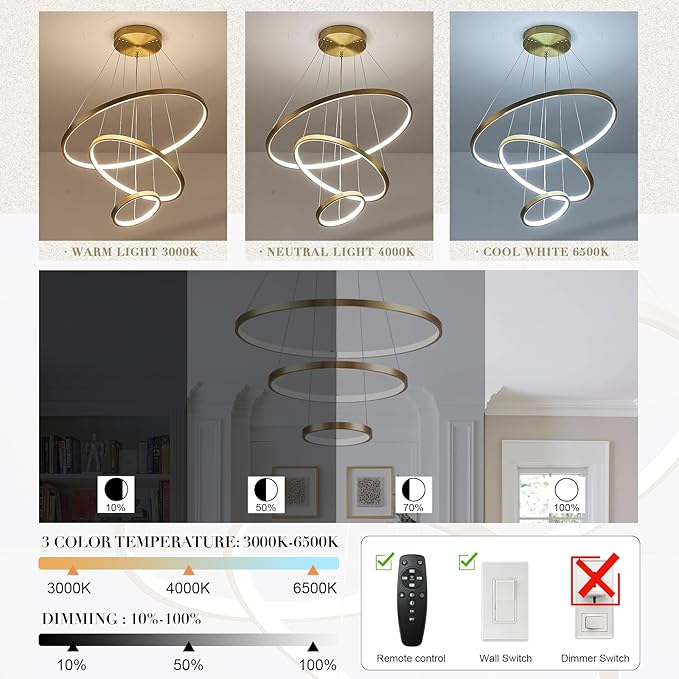 3 Rings LED Chandeliers Modern Gold Chandelier Dimmable Flush Mount Pendant Light Fixture Remote Control Contemporary Pendant Chandelier for Dining Room Bedroom Foyer, 3000-6500K