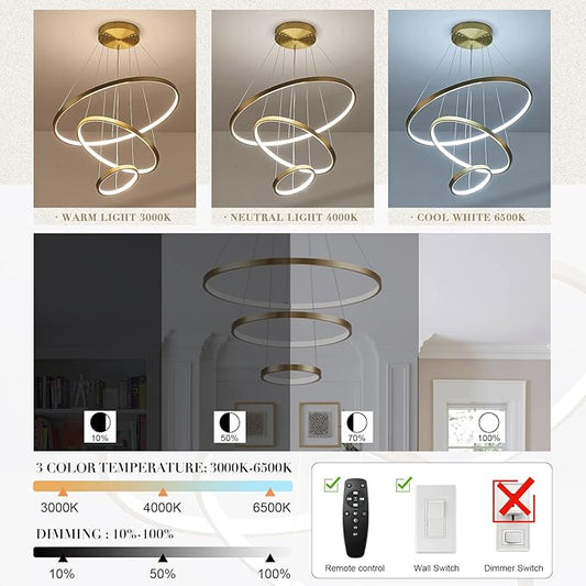 3 Rings LED Chandeliers Modern Gold Chandelier Dimmable Flush Mount Pendant Light Fixture Remote Control Contemporary Pendant Chandelier for Dining Room Bedroom Foyer, 3000-6500K