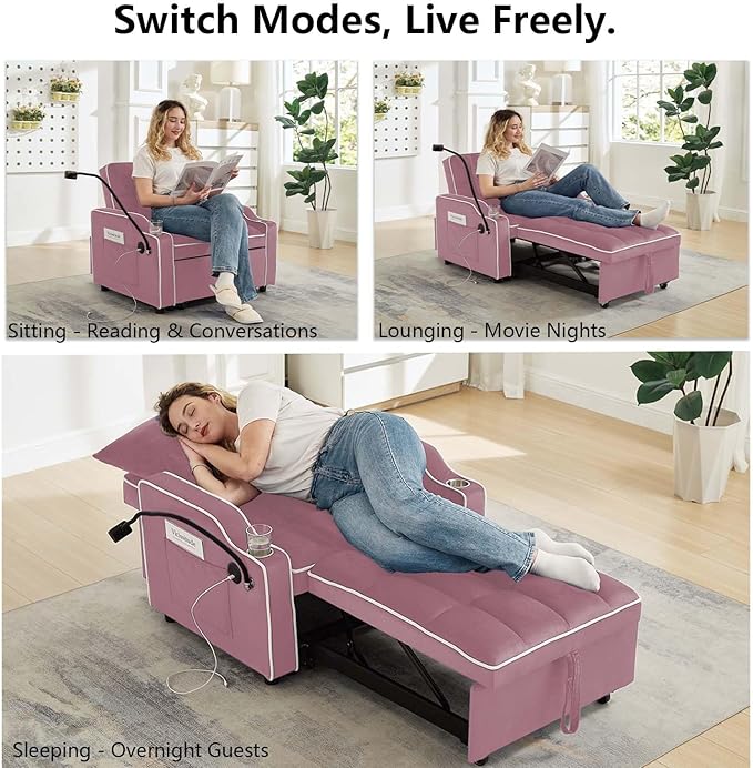 Convertible Sofa Bed, 3 in 1 Futon Sofa Bed with USB Charging Ports, Cup Holder, Phone Stand & Pocket, Modern Upholstered Sleeper Sofa for Living Room, Apartment or Small Space (Pink)