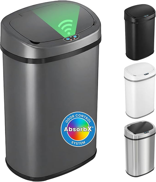iTouchless 13 Gallon Oval Smart Bin with Odor Filter, 50L Touchless Stainless Steel Kitchen Trash Can, Automatic Motion Lid, Fingerprint-Proof, Executive Dark Metallic Finish, Gunmetal Gray