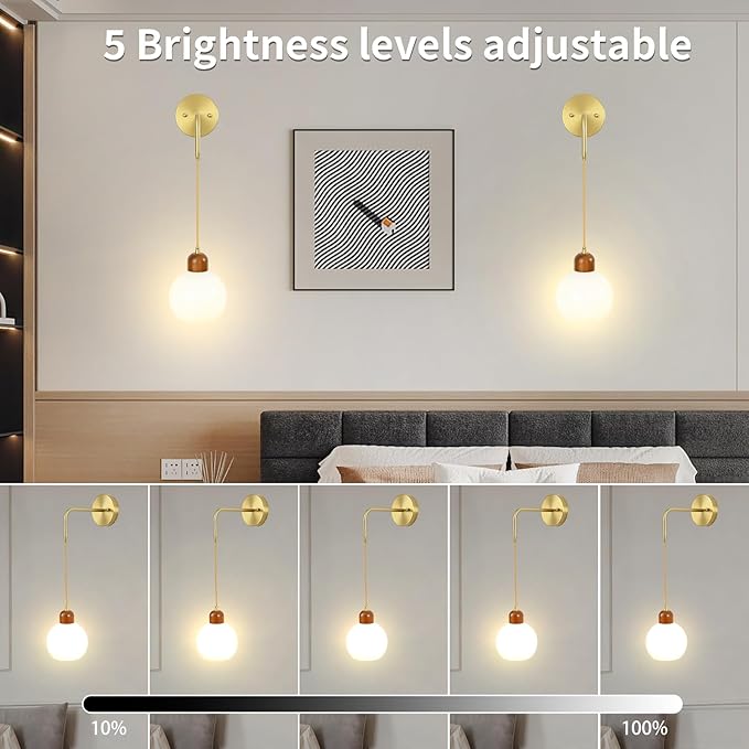 Battery Operated Wall Sconces Set of 2, Gold Rechargeable Wireless Wall Lights with Milky White Shade, 12 RGB and 3CCT Dimmable Wooden Wall Lamps with Remote for Bedroom Living Room Hallway