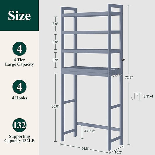 Smiry Over The Toilet Storage Cabinet, 4-Tier Bamboo Bathroom Organizers with Adjustable Shelf & 4 Hooks, Space Saving Shelf Rack for Bathrooms, Laundry Room, Balcony, Grey