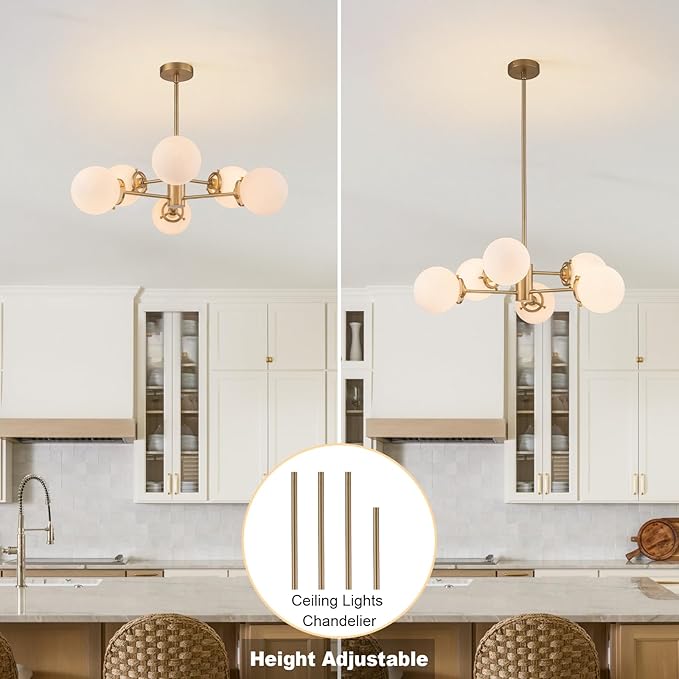 6-Lights Sputnik Chandeliers Gold Mid Century Modern Chandelier Fixture with Milk White Globe Glass, Dining Light Fixtures Ceiling Hanging for Living Room Bedroom Kitchen Island Foyer