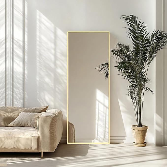 Gold Floor Mirror, Full Body Mirror with Aluminum Metal Frame, Floor Mirrors for Nursery, Baby Room, Entryway, Party, Dressing Room. (48x16 inch, Gold)