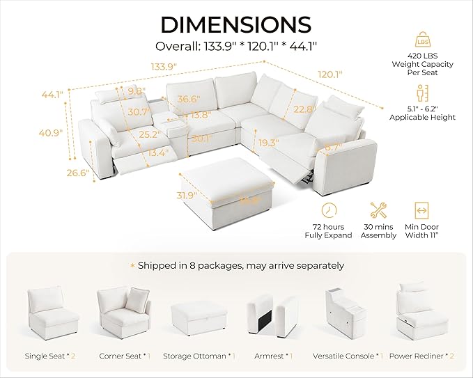 Oversized Modular Power Recliner Sofa Wall Hugger, Cloud Reclining Couch with Headrest, Storage Ottoman, Drawer Charging Cup Holder, Deep L-Shaped 6 Seater with Dual Electric Recliner, Chenille, White