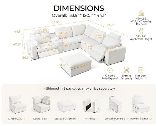 Oversized Modular Power Recliner Sofa Wall Hugger, Cloud Reclining Couch with Headrest, Storage Ottoman, Drawer Charging Cup Holder, Deep L-Shaped 6 Seater with Dual Electric Recliner, Chenille, White