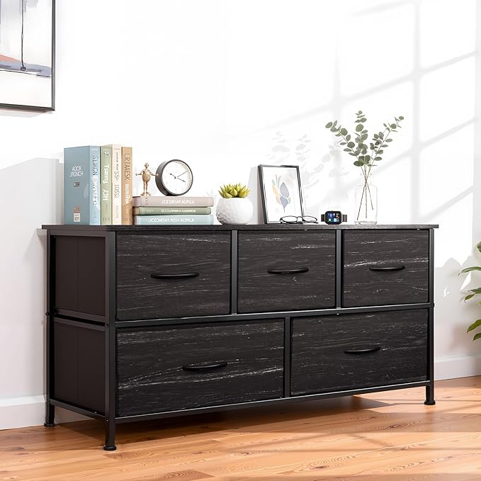 SHAWKEN Dresser for Bedroom with 5 Drawers,Slim Space-Saving Storage Unit with Fabric Bins,Budget-Friendly Organizer for Closet,Hallway,Studio Apartment (Grey Woodgrain)