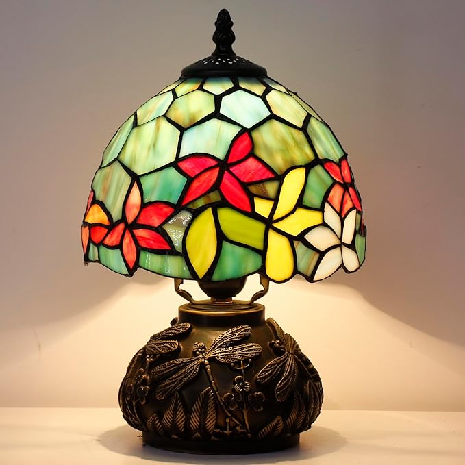 Small Tiffany Lamp Mini Stained Glass Table Lamp Red Green Flowers Style Mushroom Desk Light Memory Sympathy Lamp 8X11 Inch