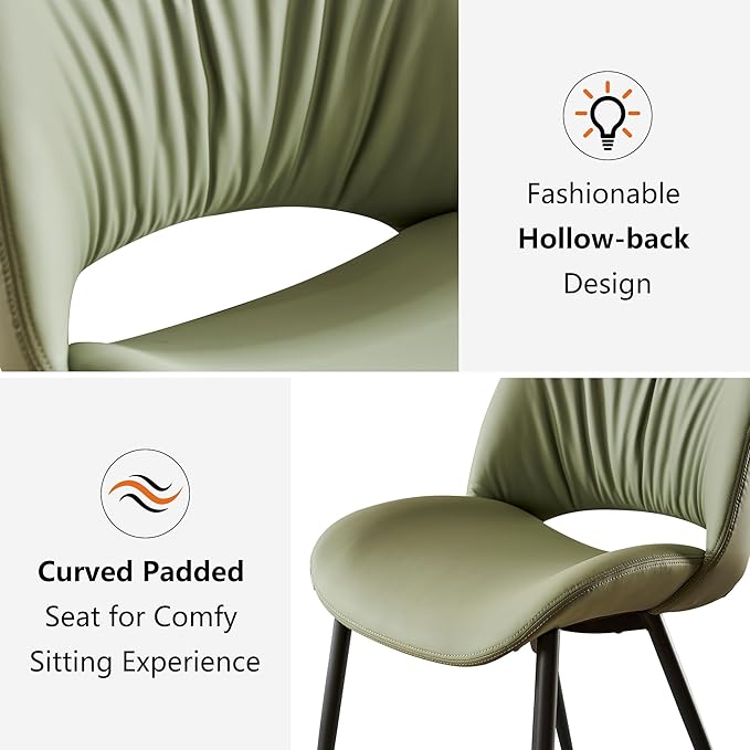 Rowill Olive Green Dining Chairs Set of 2, Upholstered Dining Room Chairs with Hollow Back, Faux Leather Kitchen Chairs for Dining, Mid Century Modern Dining Chair with Curved Seat