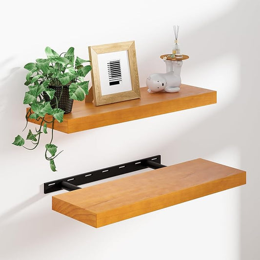 Heimlove 24 Inch Floating Shelves for Wall Brown Shelves Set of 2,Wall Mounted Rustic Wood 8 Inch Deep Floating Shelf with Invisible Brackets for Bedroom Kitchen Living Room